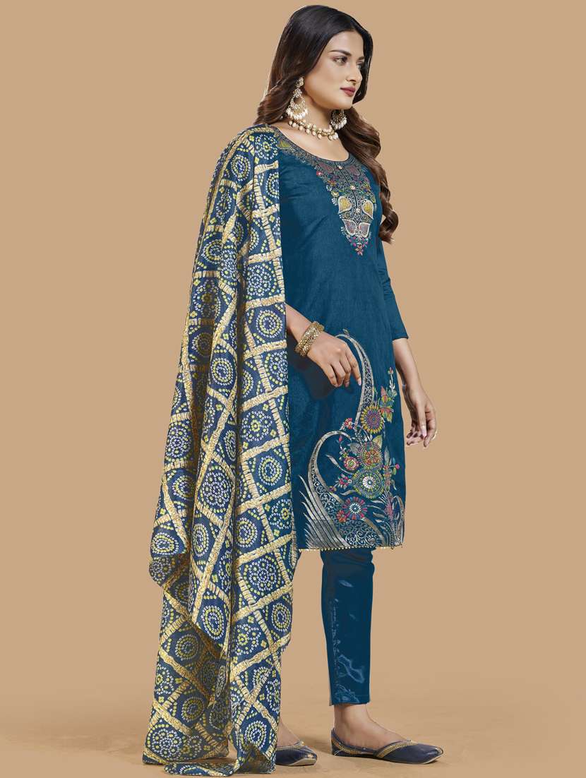 teal printed straight pant unstitched suit - 19693598 -  Standard Image - 2