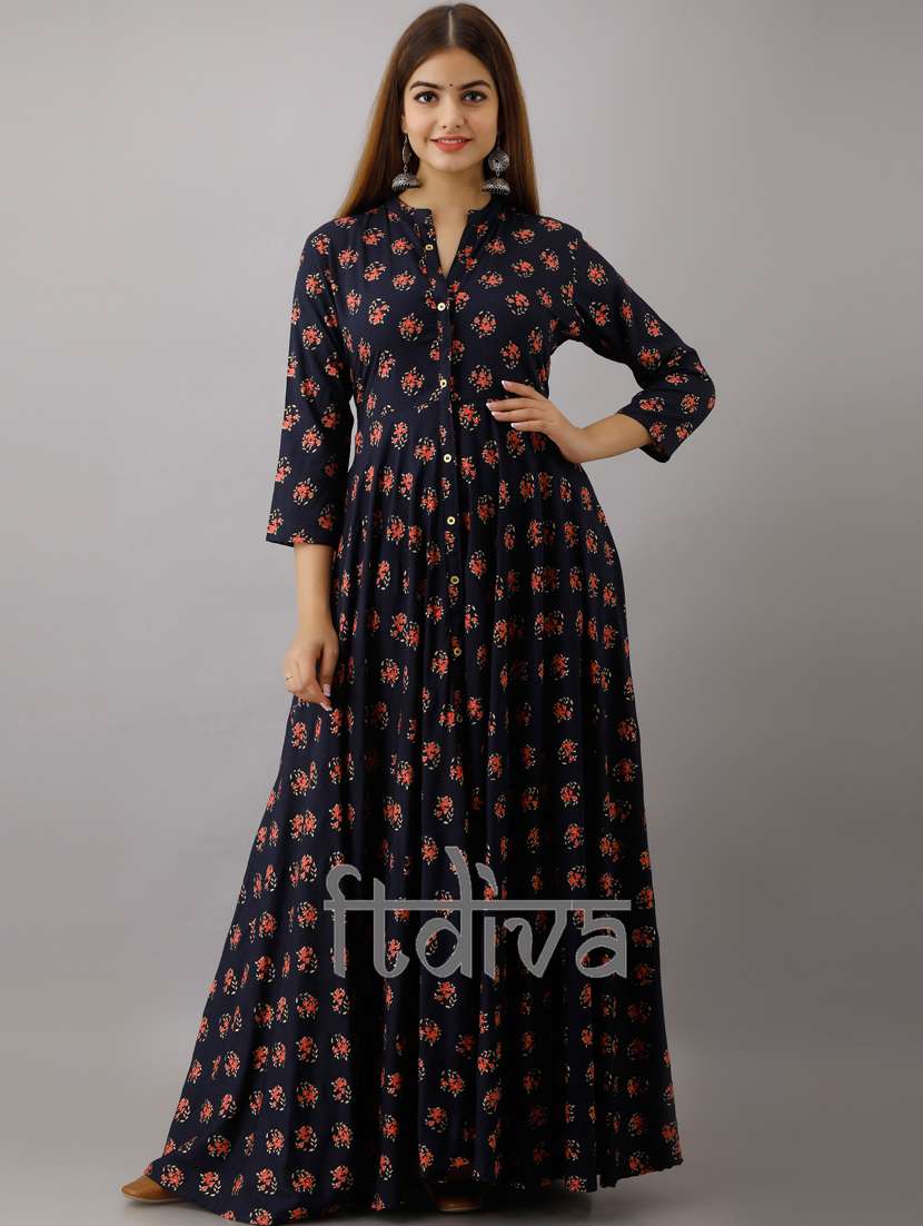 women mandarin collar printed flared kurta 