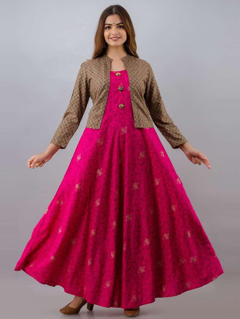 Women Boat Neck Printed Flared Kurta With Jacket