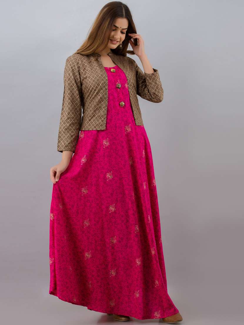 Women Boat Neck Printed Flared Kurta With Jacket