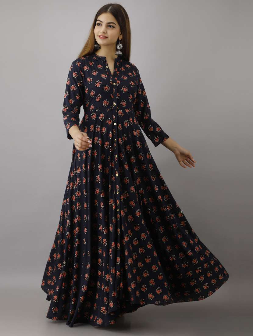 women mandarin collar printed flared kurta 