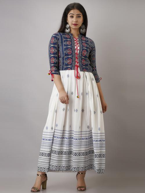 women boat neck printed flared kurta with jacket - 19693721 - Standard Image - 0