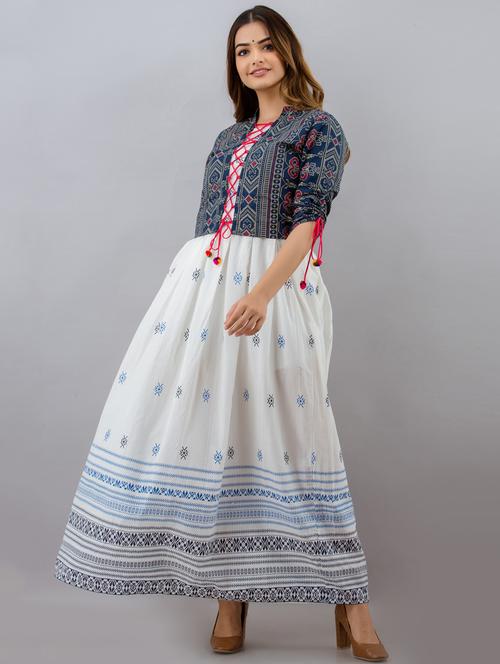 women boat neck printed flared kurta with jacket - 19693725 - Standard Image - 0