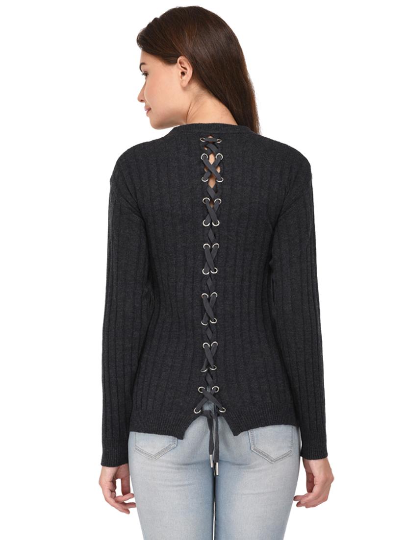 women criss cross charcoal self design pullover - 19694786 - Standard Image - 2