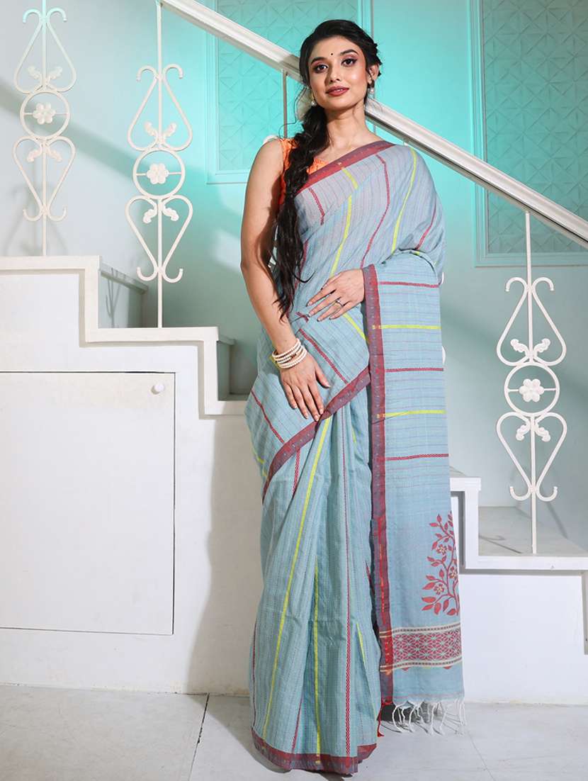 women's self design light blue colored saree with blouse