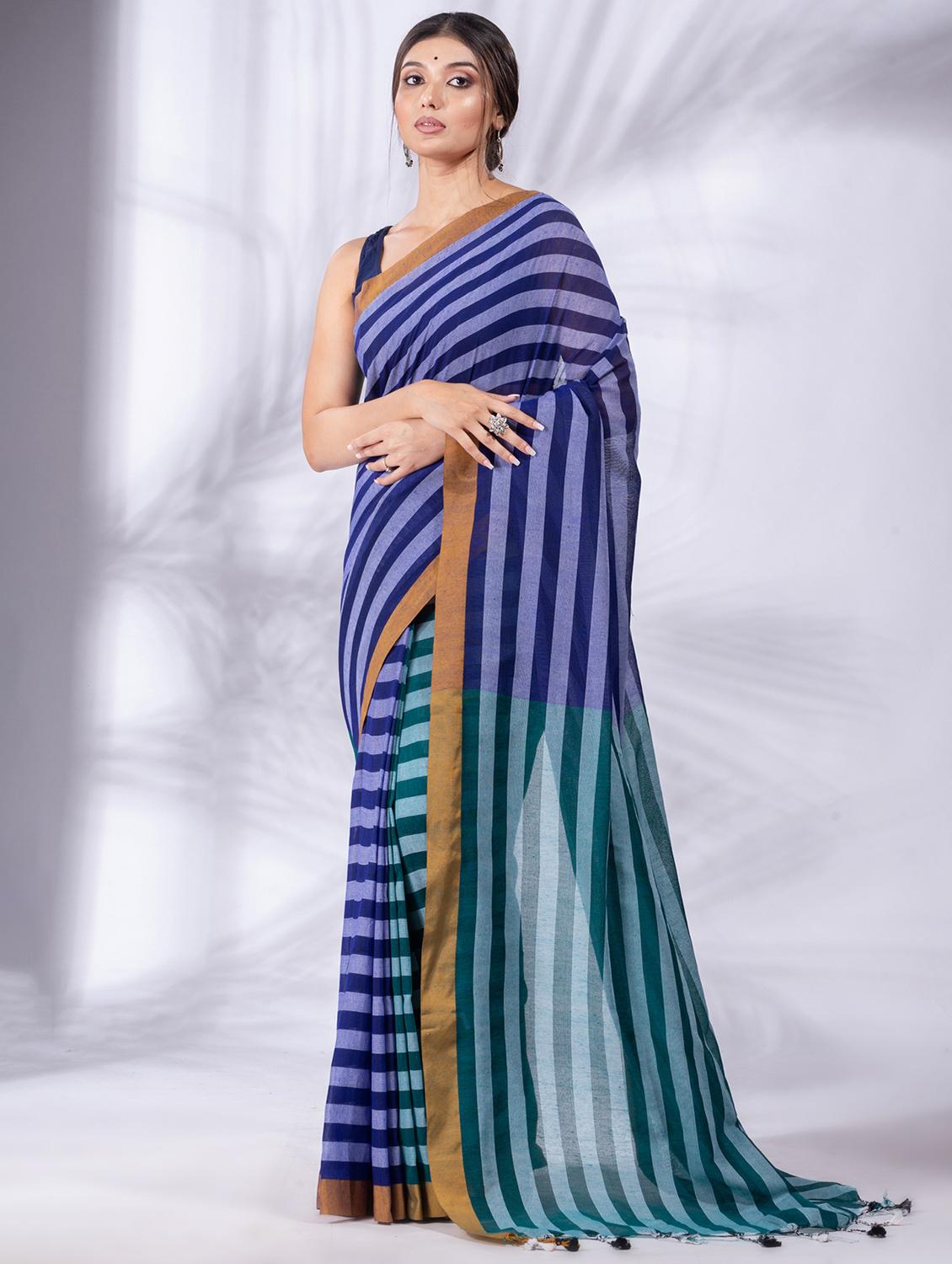 blue cotton saree with blouse - 19697625 -  Zoom Image - 0