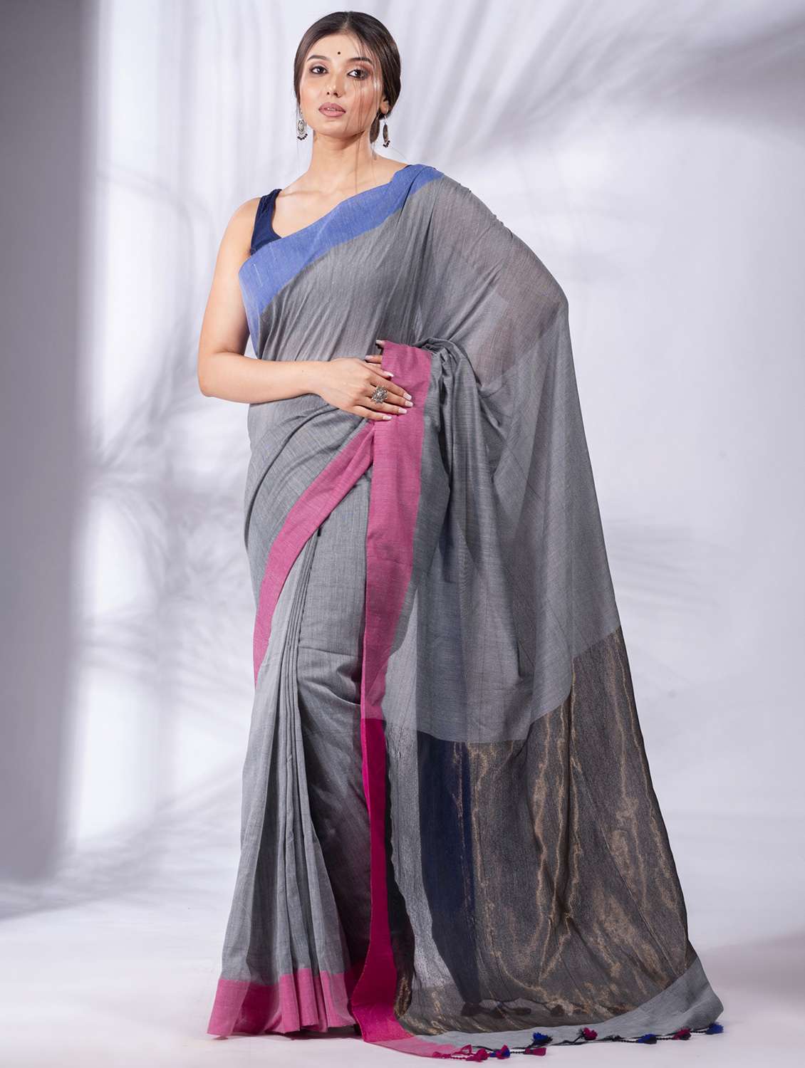 women's self design grey colored saree with blouse