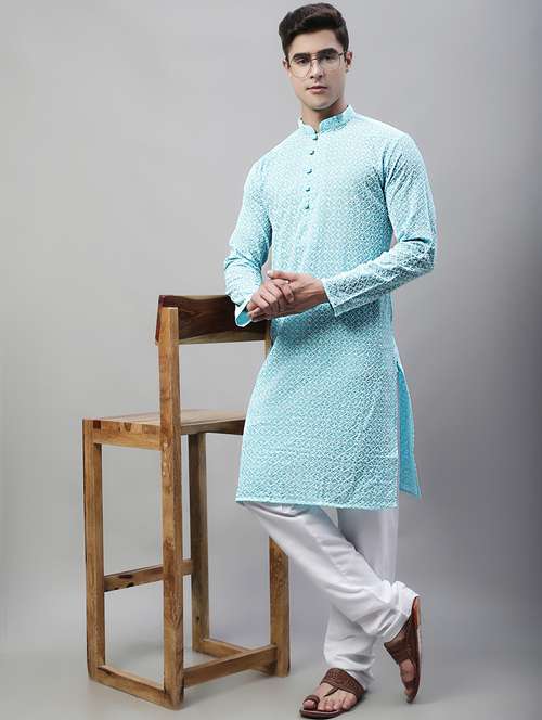 men mandarin collar embroidered kurta pyjama set - 19697795 - Standard Image - 0
