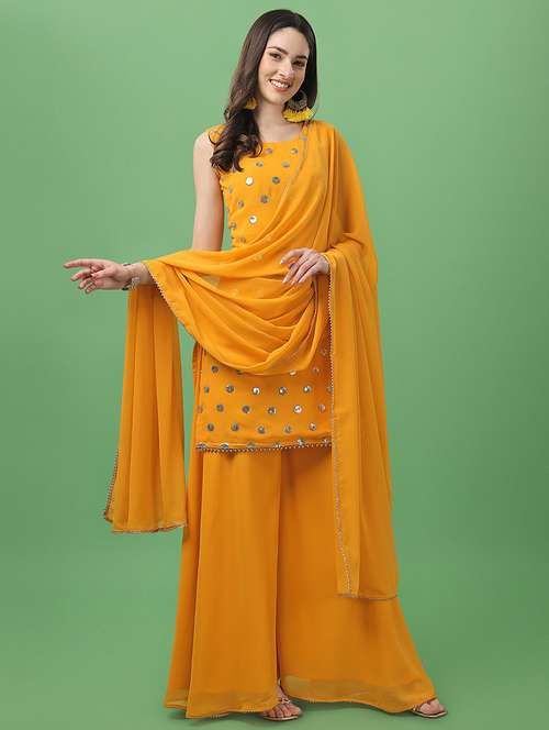 women mustard embroidered sleeveless kurta palazzo with dupatta set - 19698339 -  Standard Image - 0