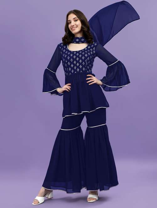 women blue kurta sharara set with dupatta - 19698346 - Standard Image - 0