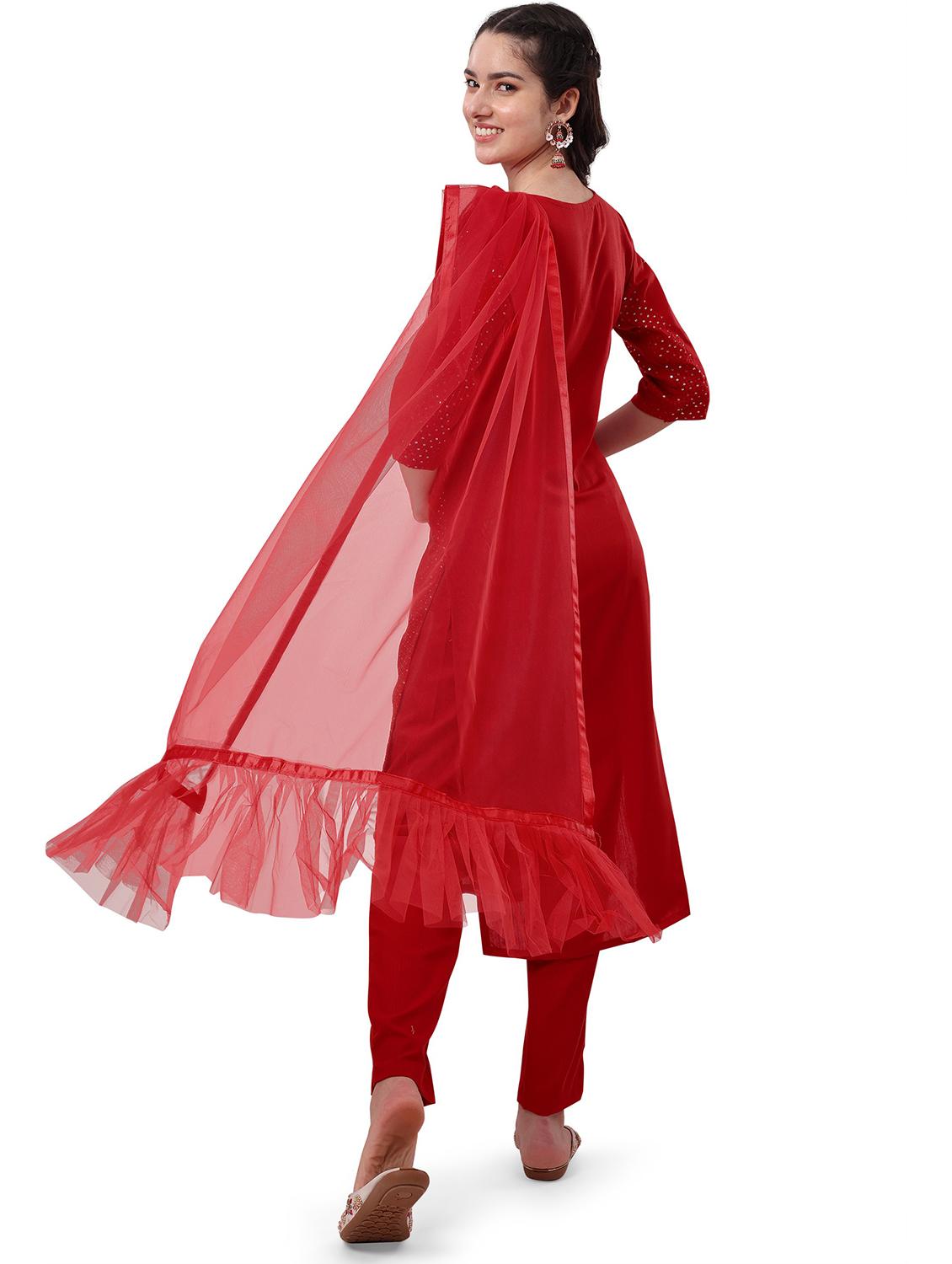 red self design embroidered kurta dupatta set - 19698347 - Standard Image - 2