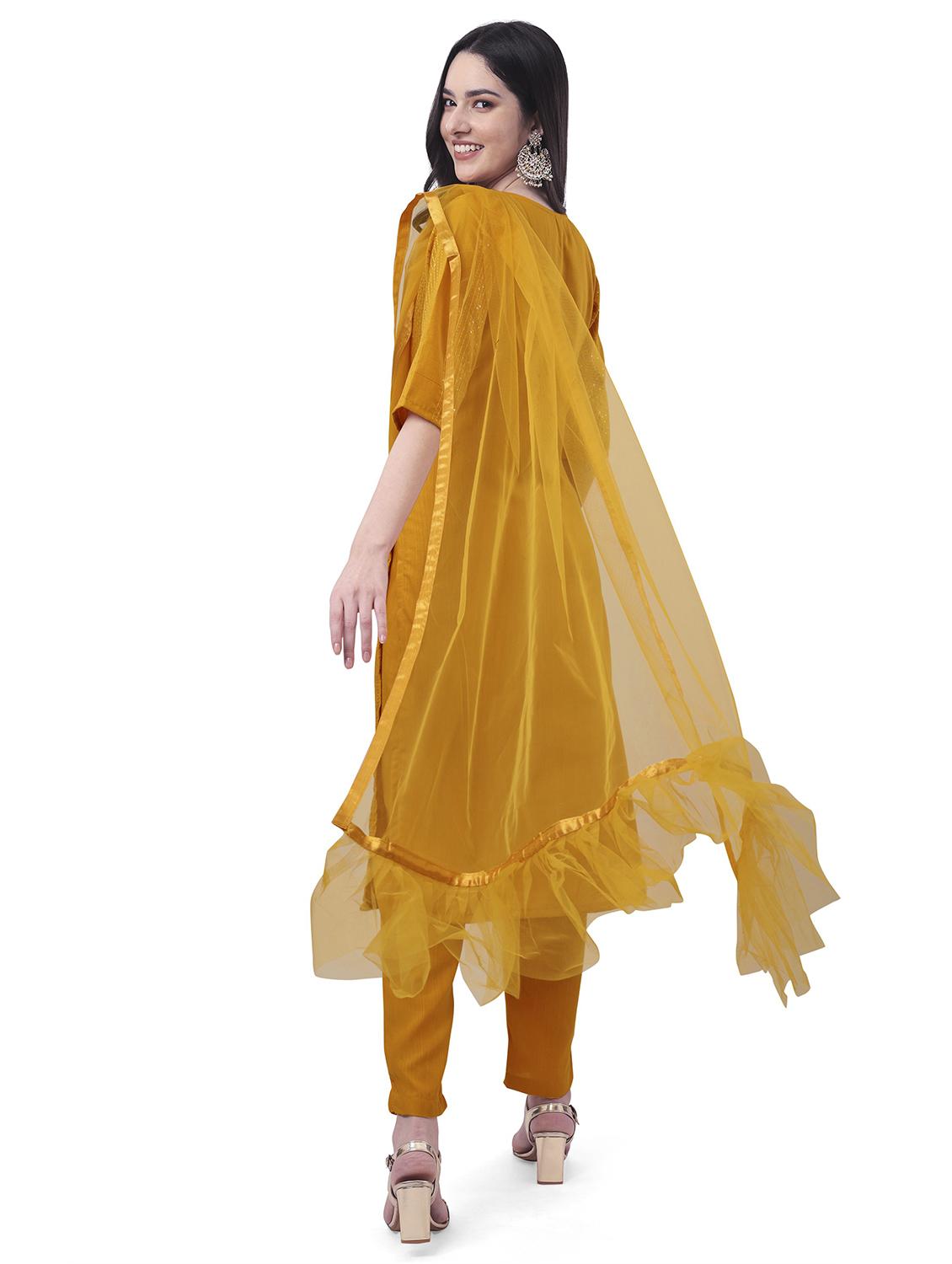 yellow self design embroidered suit set with dupatta - 19698351 - Standard Image - 2