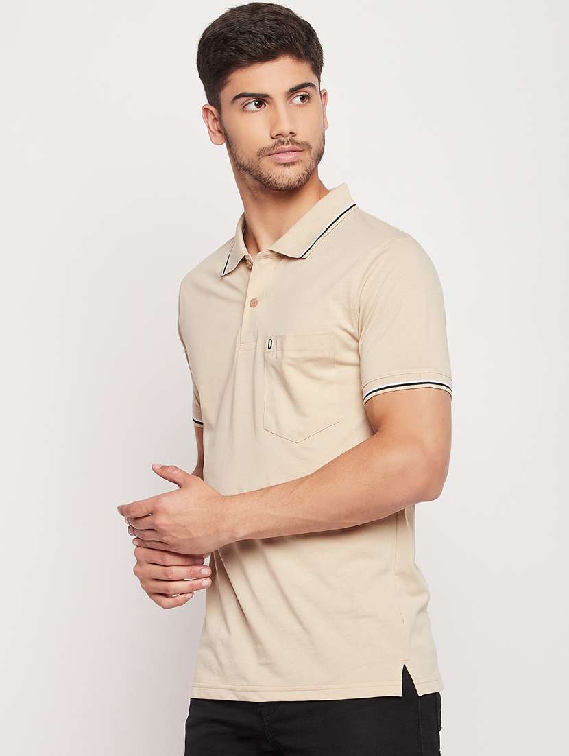 men beige solid regular fit polo t-shirt