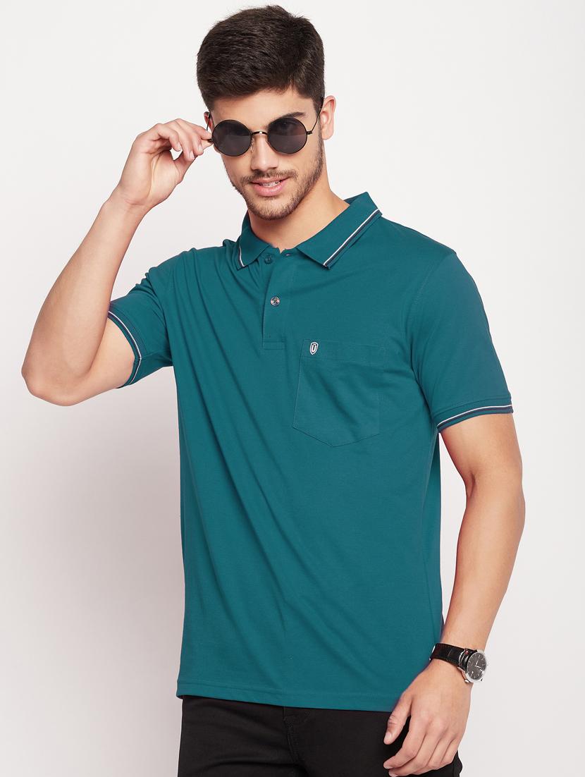 men teal solid regular fit polo t-shirt