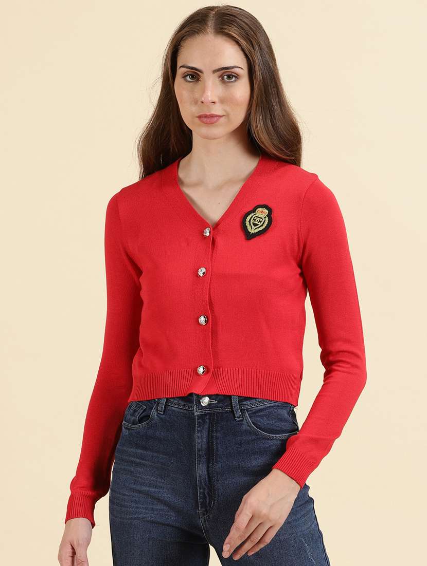 red solid v neck cardigan - 19698898 -  Zoom Image - 0