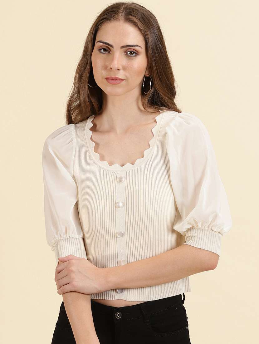 women's crop scalloped neck top