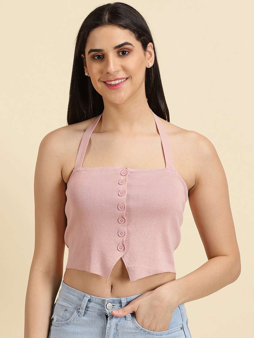 women solid halter neck crop top
