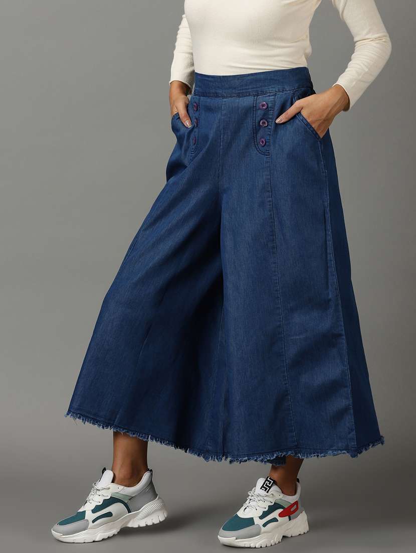 blue solid wide leg trouser - 19699183 - Standard Image - 2