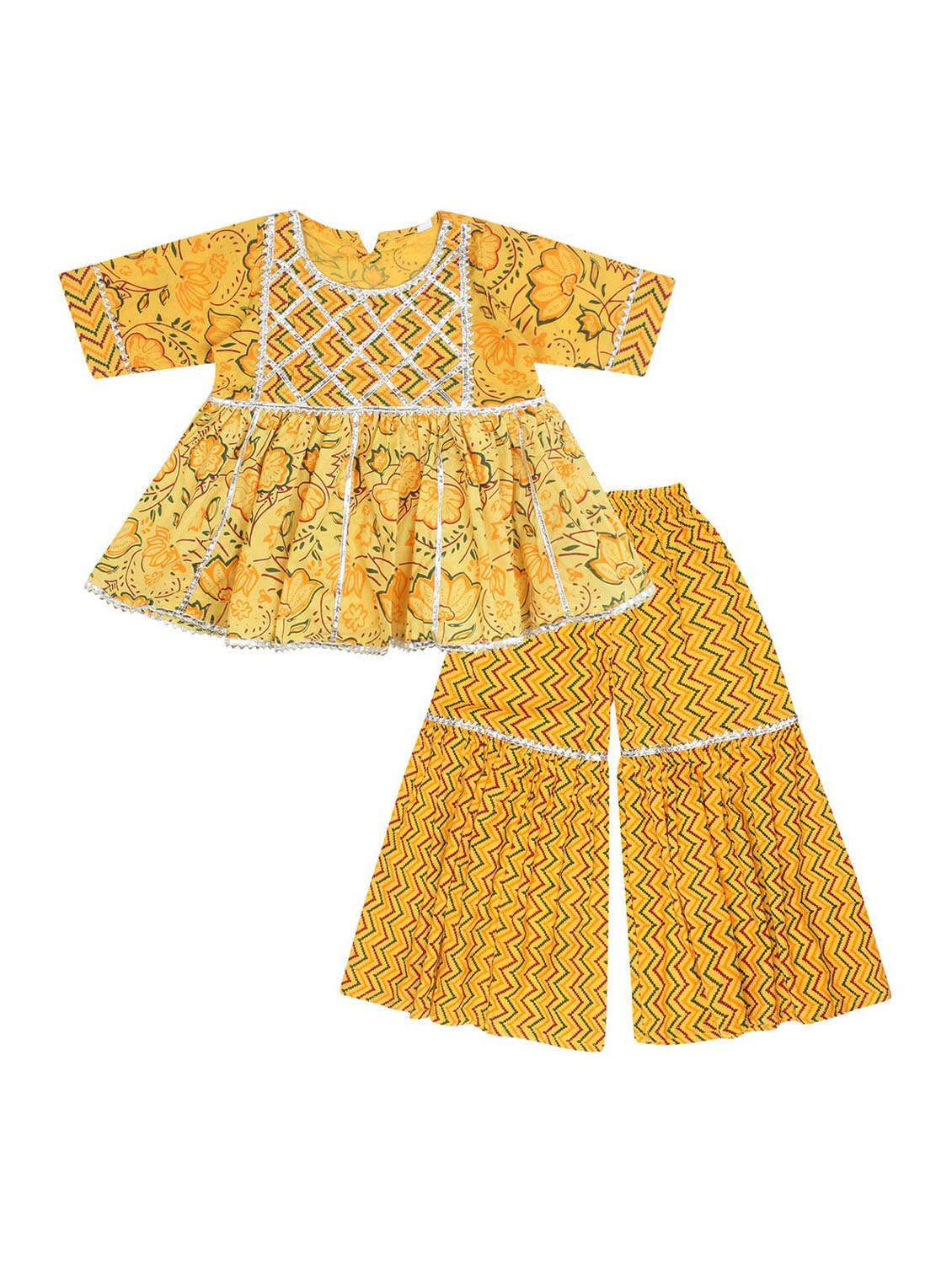 yellow printed kurta sharara set