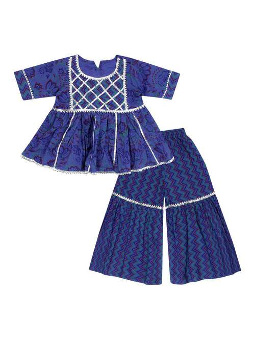 dark blue printed kurta sharara set