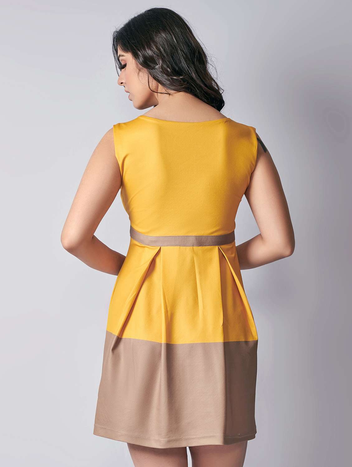 yellow color block fit & flare dress - 19703328 - Standard Image - 2