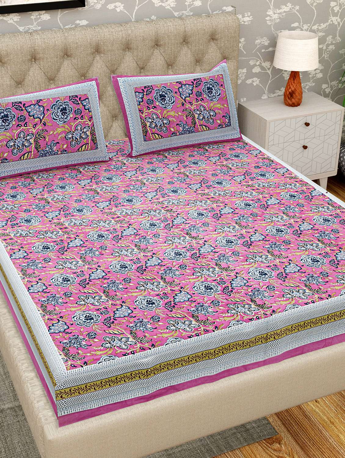 patrico floral 300 tc cotton king size double bedsheet with 2 pillow covers