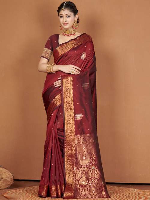 maroon self design banarasi saree with blouse - 19708632 -  Standard Image - 0