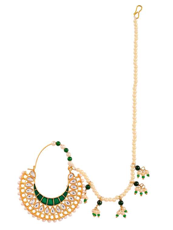gold plated kundan hand painted pearl chained nath