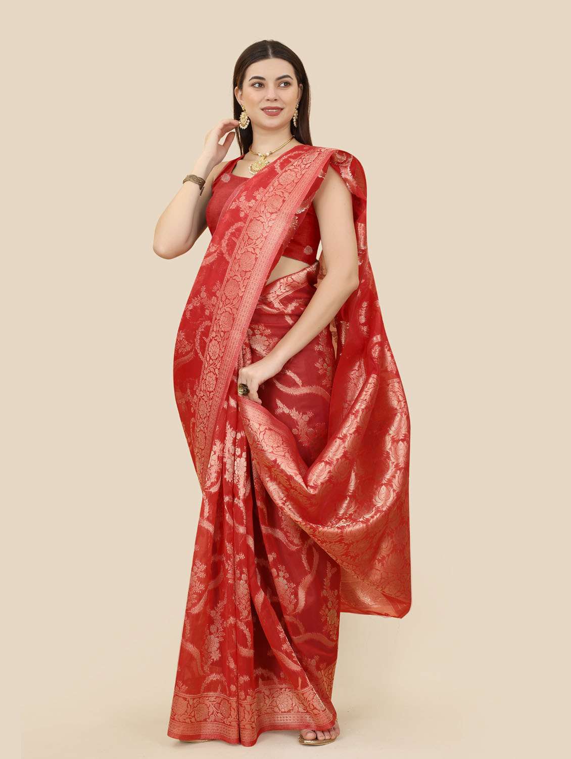 women's self design red colored saree with blouse - 19717886 -  Standard Image - 2