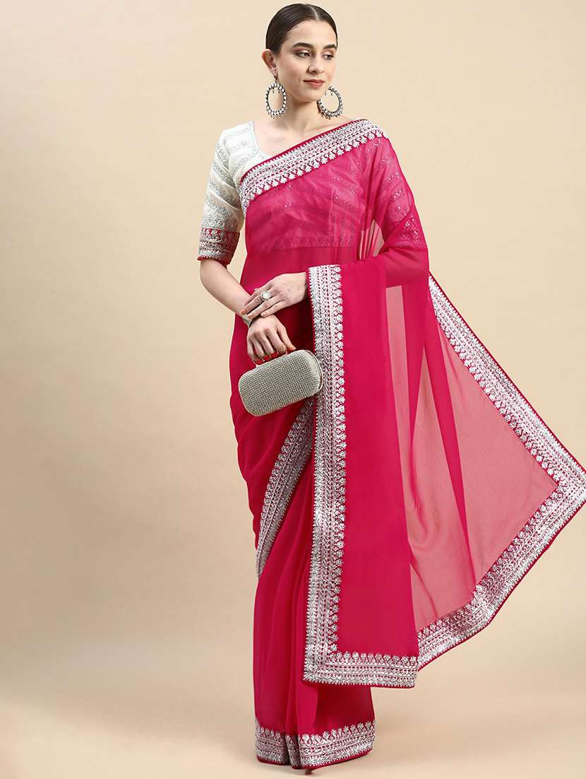 women's bordered pink colored saree with blouse