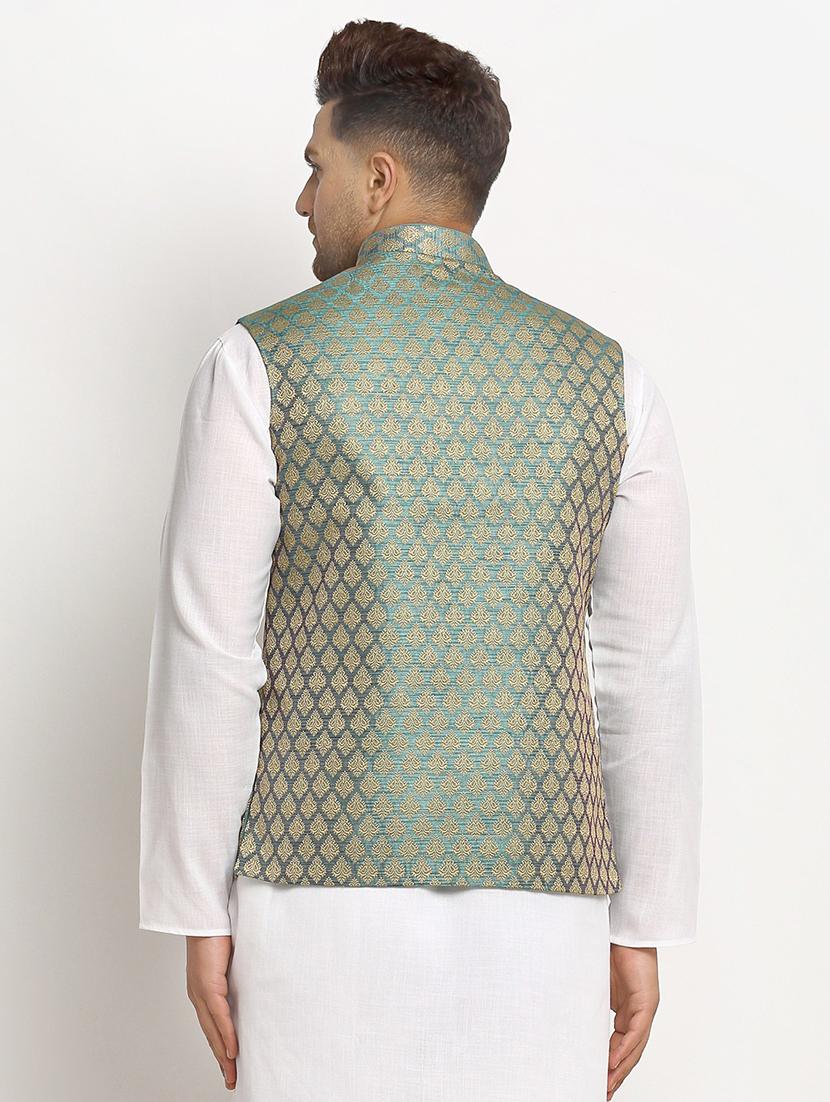 men mandarin collar woven nehru jacket - 19718187 - Standard Image - 2