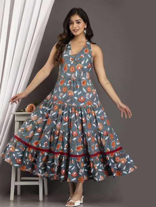 women grey floral printed halter neck tiered dress - 19718487 - Standard Image - 0