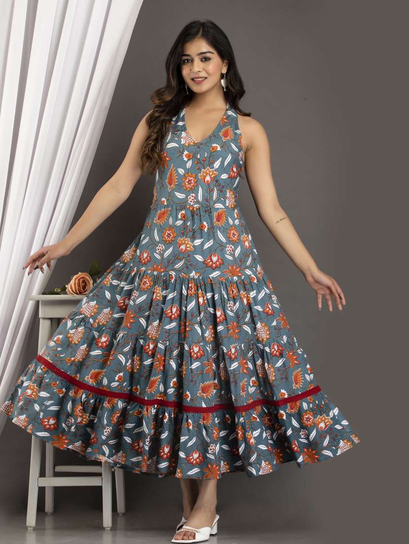 women grey floral printed halter neck tiered dress