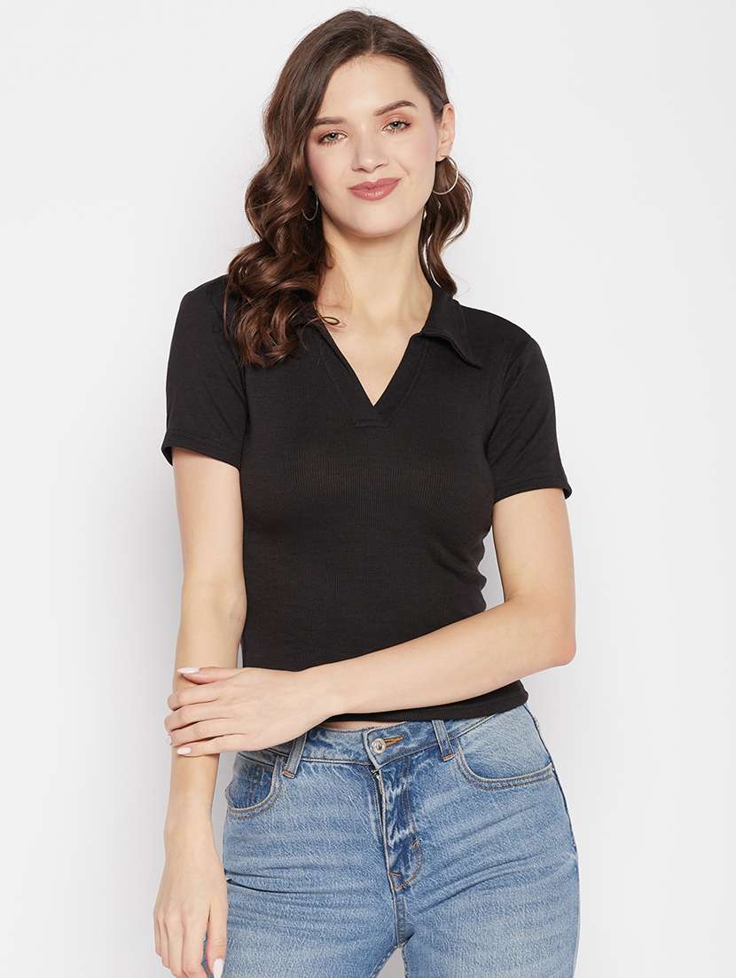 women's solid collared top
