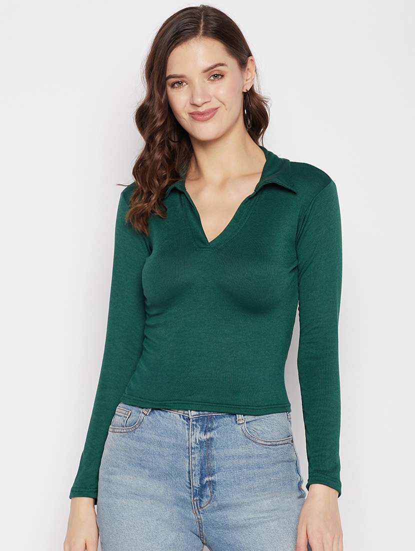 women solid long sleeves collared top