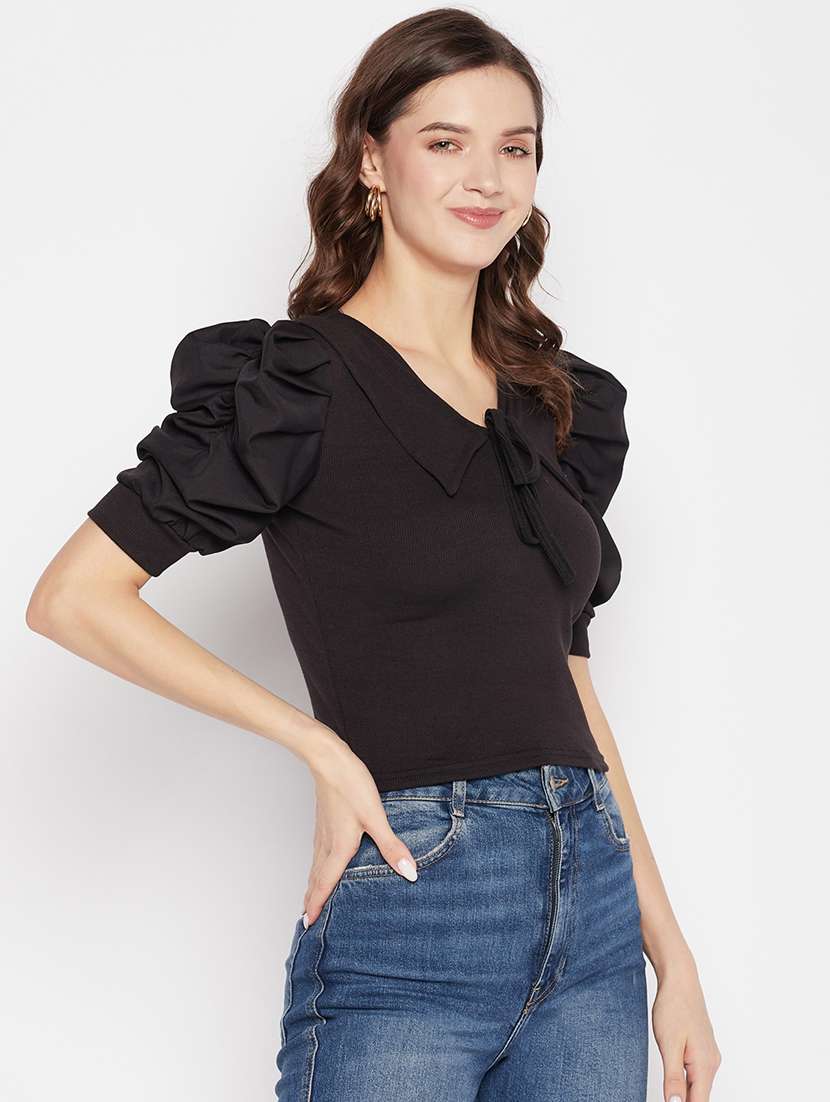 women's solid black tie-up neck top - 19723865 -  Standard Image - 2