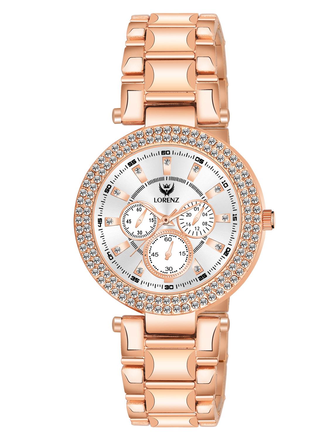 lorenz rose gold analogue women's watch with stone studd & metallic strap | as-129a - 19730862 -  Zoom Image - 0
