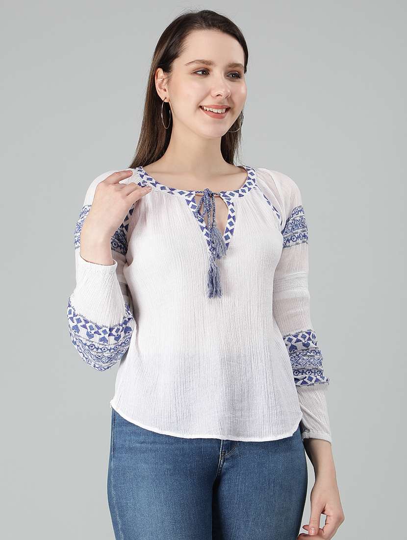 women white regular fit tie-up neck straight top