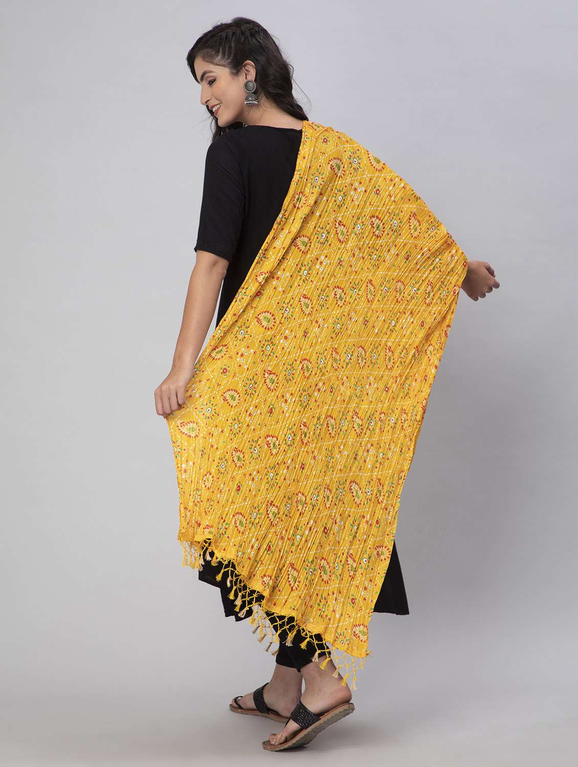 yellow crinkled printed dupatta with fringes - 19734467 -  Standard Image - 2