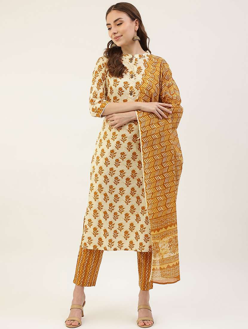 block print mandarin neck kurta dupatta set