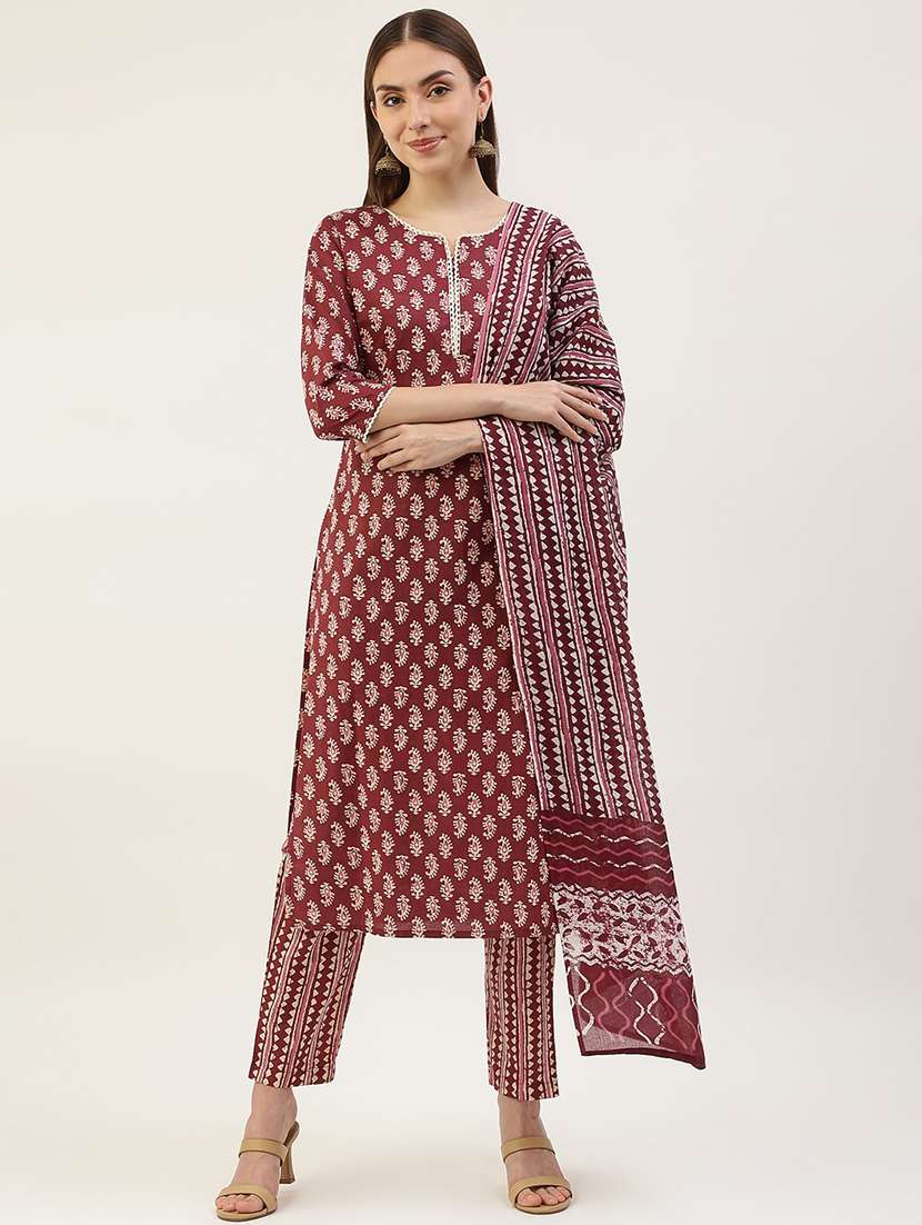 block print notch neck kurta dupatta set