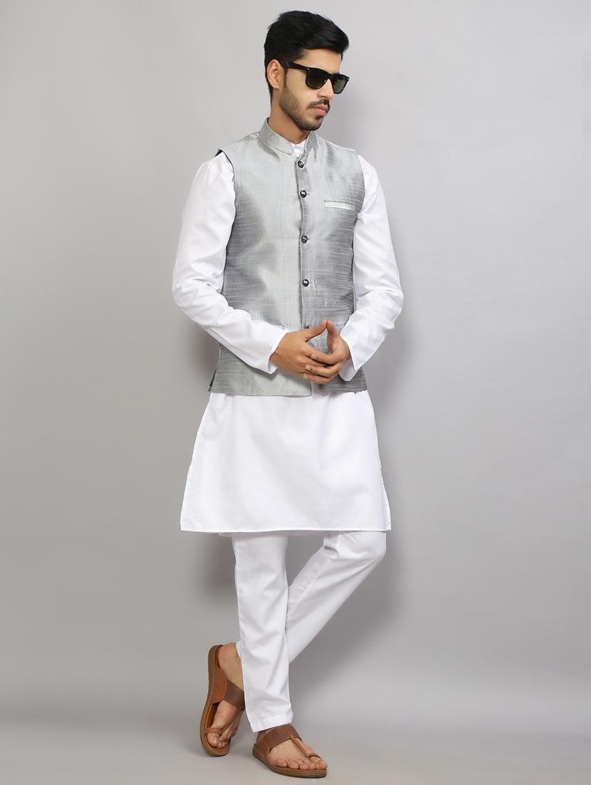 mandarin neck solid kurta pyjama with jacket - 19750187 - Standard Image - 2