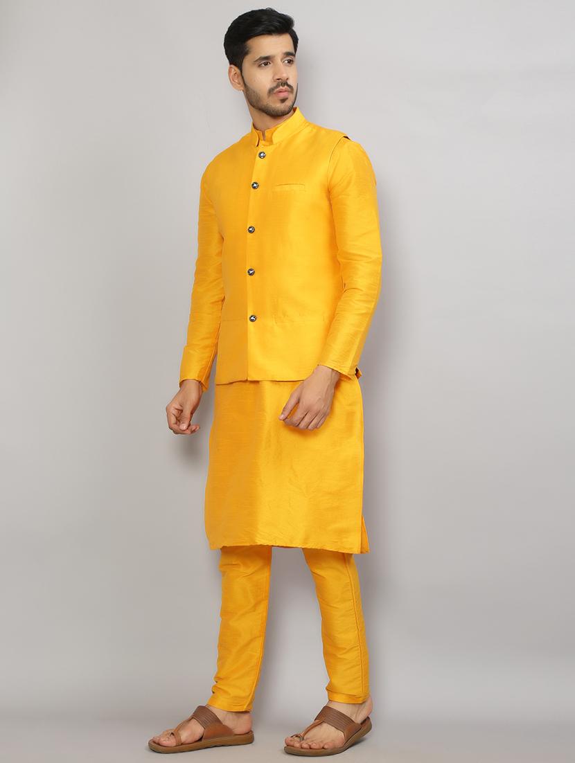 yellow kurta pyjama with jacket ethnic wear set - 19750204 - Standard Image - 2