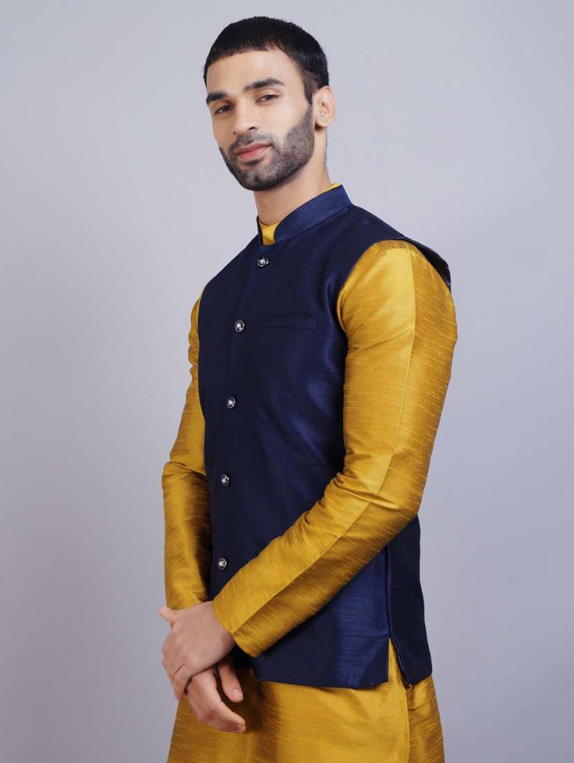 navy blue silk nehru jacket - 19750260 - Standard Image - 2