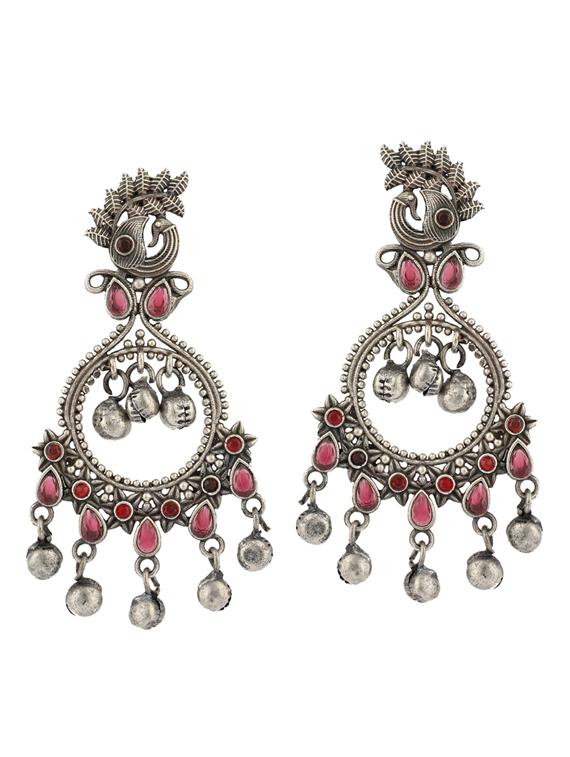 red sliver brass oxidised drop earring - 19755011 -  Zoom Image - 0