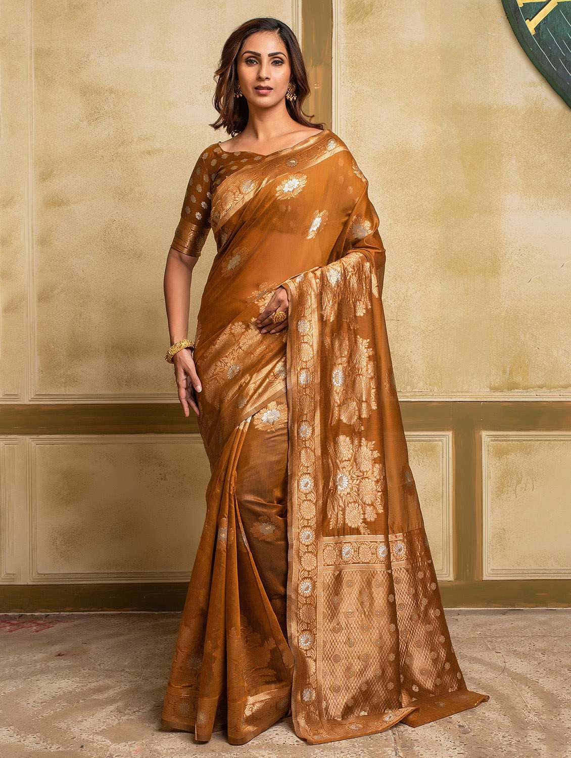 women's floral brown colored saree with blouse