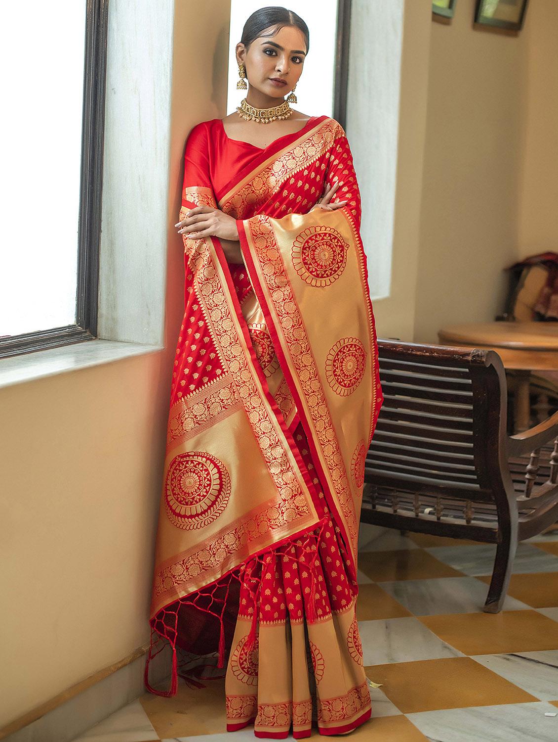ethnic motif woven golden border saree with blouse - 19755093 -  Zoom Image - 0