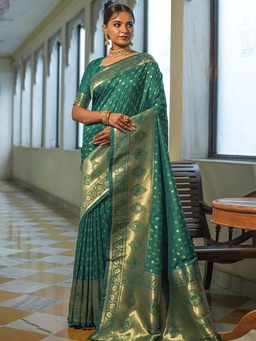 ethnic motif woven golden border saree with blouse - 19755099 -  Standard Image - 0