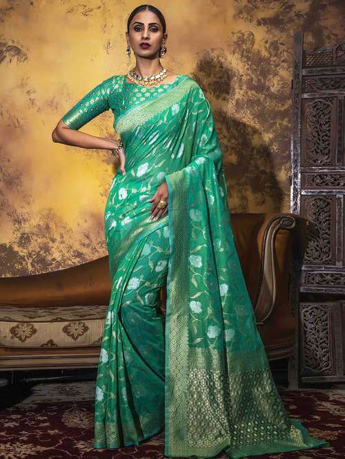 women's floral green colored saree with blouse - 19755101 -  Standard Image - 0