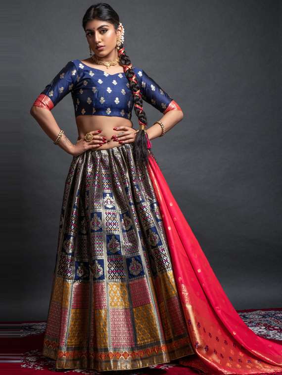 self designed woven flared lehenga